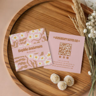 Cartão De Visita Quadrado Código QR Floral Retro Rosa