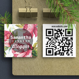 Cartão De Visita Quadrado Código QR Floral Rosa Moderno para Blogueiras