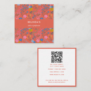 Cartão De Visita Quadrado Código QR Floral Vermelho Boho Moderno