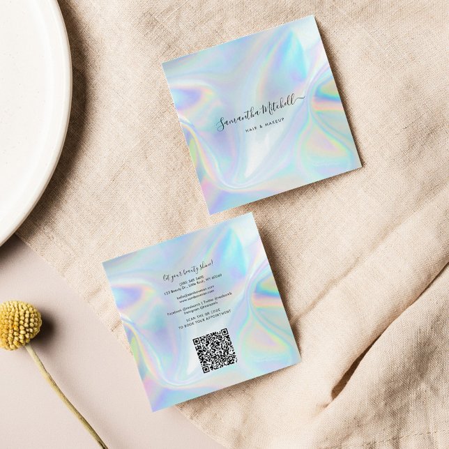 Cartão De Visita Quadrado Código QR Holográfico Moderno Salão de Beauticista (Holographic Square Mini Hair Stylists Business Card)