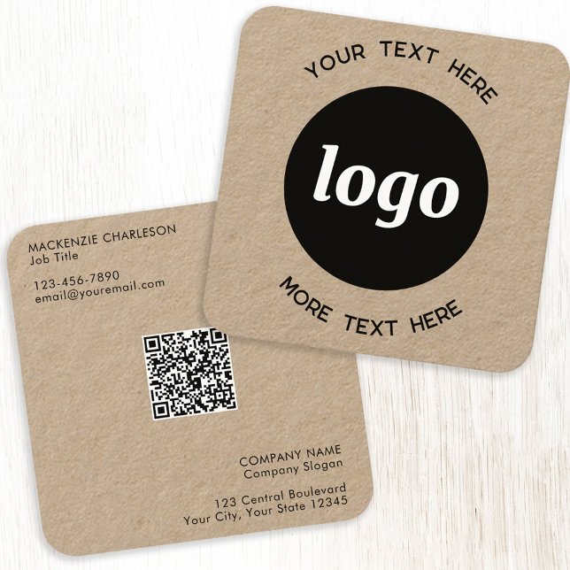 Cartão De Visita Quadrado Código QR Kraft Simples de Logo e Texto (Logo Qr code and text custom square Kraft business cards)