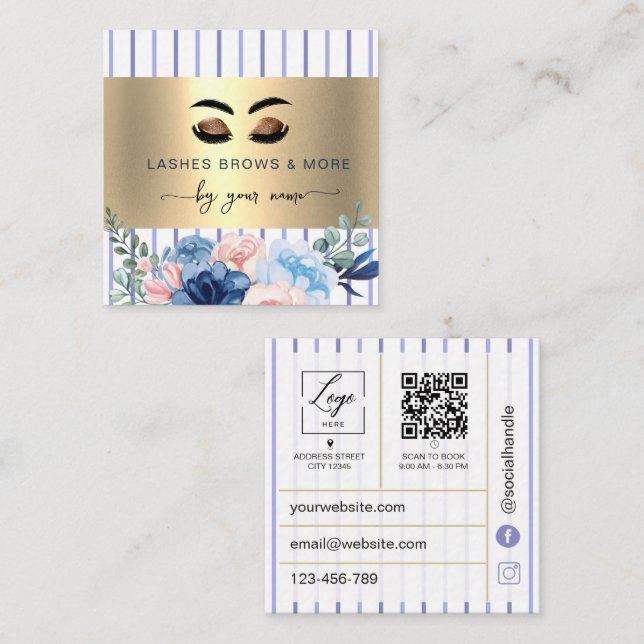 Cartão De Visita Quadrado Código Qr Lash Tech Listras Florais (Frente/Verso)
