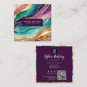 Cartão De Visita Quadrado Código QR & Logo Elegante Arco-íris Ágata dourado