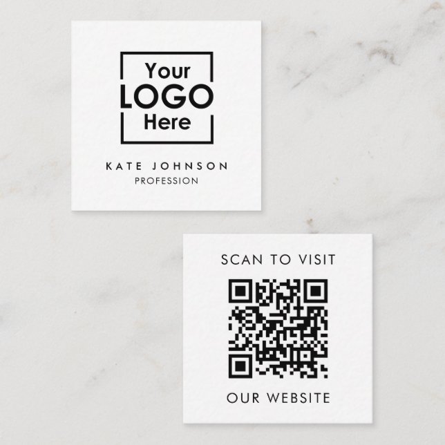 Cartão De Visita Quadrado Código QR Logotipo comercial Branco preto (Frente/Verso)