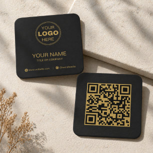 Cartão De Visita Quadrado Código QR Minimalista Ouro Preto Moderno