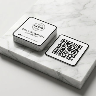 Cartão De Visita Quadrado Código QR Minimalista Preto Moderno de Imóveis