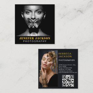 Cartão De Visita Quadrado Código QR Mínimo de Foto do Dourado Black Bold Scr