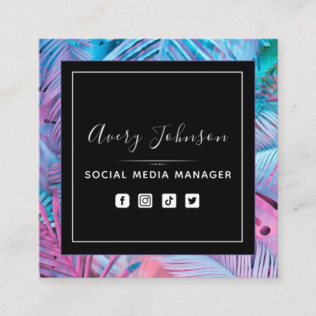 Cartão De Visita Quadrado Código QR moderno de gradiente de Neon roxo e rosa (Frente)