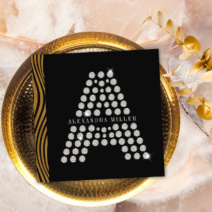 Cartão De Visita Quadrado Código QR Monograma Inicial de Diamante Ouro Preto