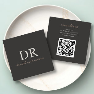 Cartão De Visita Quadrado Código Qr Monograma Inicial de Estética Preta Mode