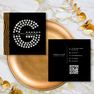 Cartão De Visita Quadrado Código QR Monograma Inicial Diamante Ouro Preto Ch