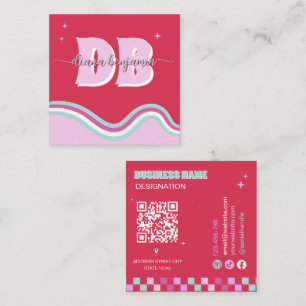 Cartão De Visita Quadrado Código Qr Monograma Rosa Vermelho Retro