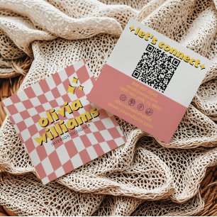 Cartão De Visita Quadrado Código QR Ousado Colorido Retro Groovy Xadrez Boho