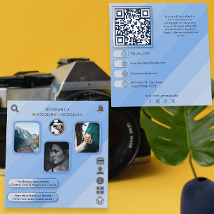 Cartão De Visita Quadrado Código QR Personalizado de Fotografia Azul legal e