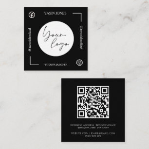 Cartão De Visita Quadrado Código QR Preto e Branco Único