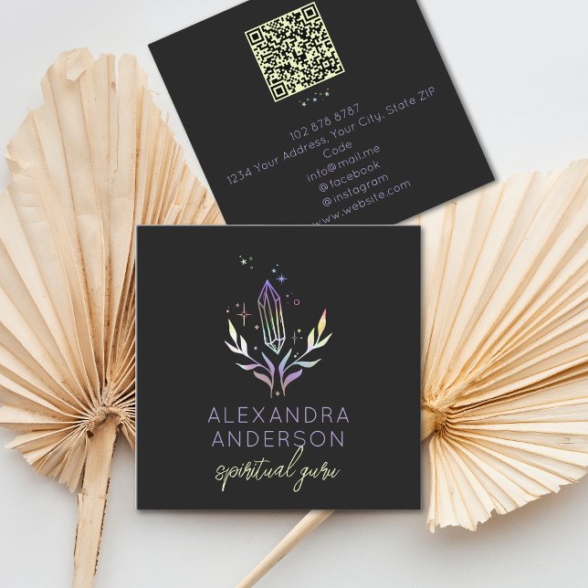 Cartão De Visita Quadrado Código QR preto espiritual holográfico (Holographic Spiritual Crystal Mystic Black QR Code Square Business Card)