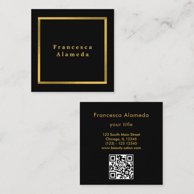 Cartão De Visita Quadrado Código qr profissional preto e ouro moderno elegan (Frente/Verso)