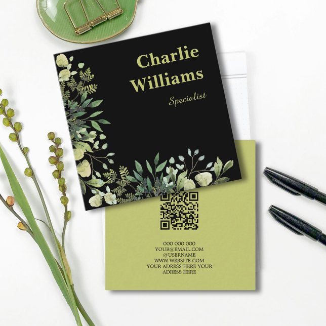 Cartão De Visita Quadrado Código QR quadro botânico deixa preto (Criador carregado)