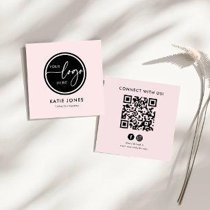 Cartão De Visita Quadrado Código QR Rosa Branco Logotipo Personalizado Conec