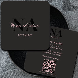 Cartão De Visita Quadrado Código QR Rosa Preto Estética de Luxo Monograma