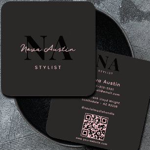 Cartão De Visita Quadrado Código QR Rosa Preto Estética de Luxo Monograma
