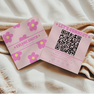 Cartão De Visita Quadrado Código QR Rosa Suave Retro Groovy Floral Boho Femi