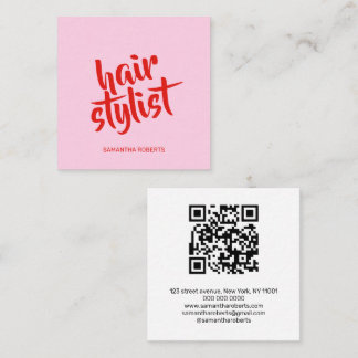 Cartão De Visita Quadrado Código QR rosa vermelho de roteiro de cabeleireiro