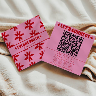 Cartão De Visita Quadrado Código QR Rosa Vermelho Retro Groovy Floral Femini