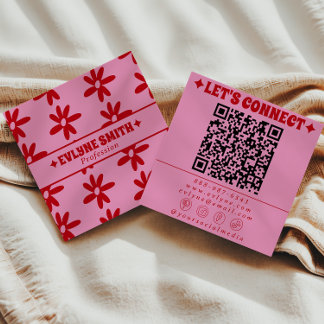 Cartão De Visita Quadrado Código QR Rosa Vermelho Retro Groovy Floral Femini