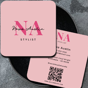Cartão De Visita Quadrado Código QR Rosa Vibrante Monograma Luxo Estética Te