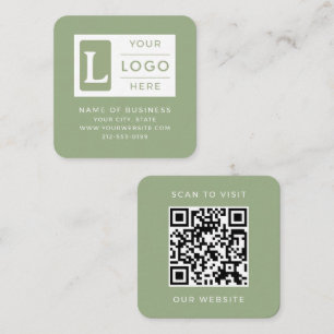 Cartão De Visita Quadrado Código QR Verde Sage Moderno Logotipo Personalizad