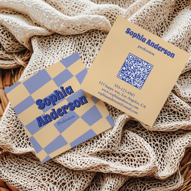 Cartão De Visita Quadrado Código Qr Xadrez Retro Moderno (Criador carregado)