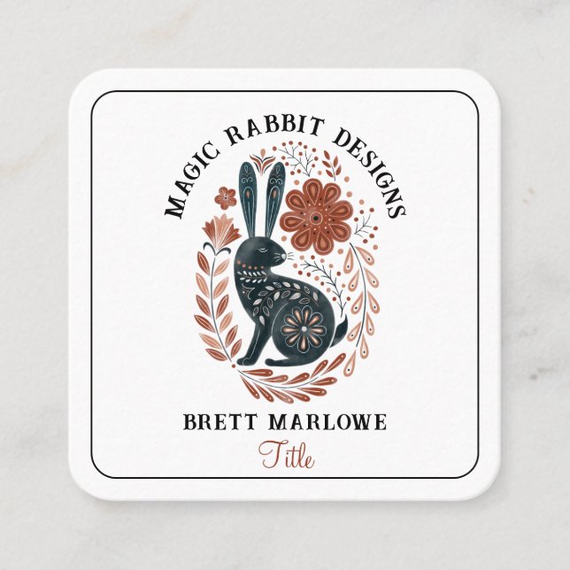 Cartão De Visita Quadrado Coelho Negro de Arte Folclar de Madeira Ilustrado (Frente)