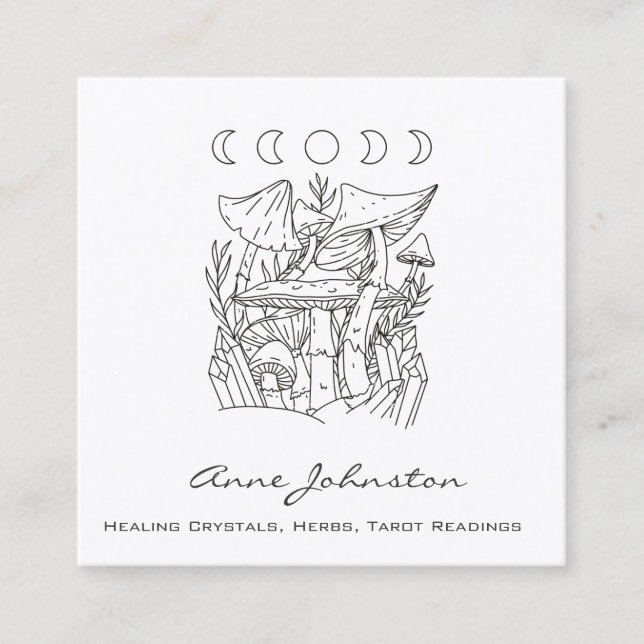 Cartão De Visita Quadrado Cogumelos, luas e cristais (Frente)