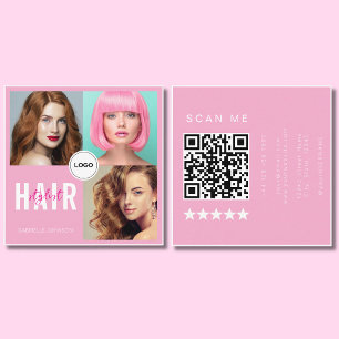 Cartão De Visita Quadrado Colagem de Fotos de Estilista de Cabelo Rosa QR Co