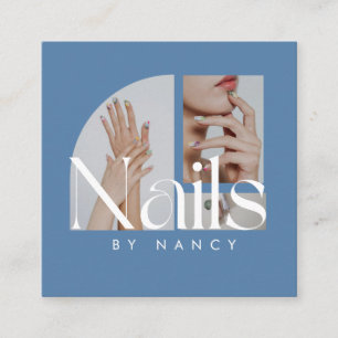 Cartão De Visita Quadrado Colagem Fotográfica de Salão de Nail Moderno Azul