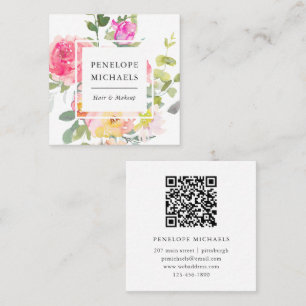 Cartão De Visita Quadrado Colorida Aquarela Floral Código QR Branco