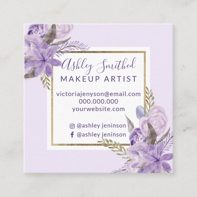 Cartão De Visita Quadrado Composição floral da aguarela da lavanda Dourado (Frente)