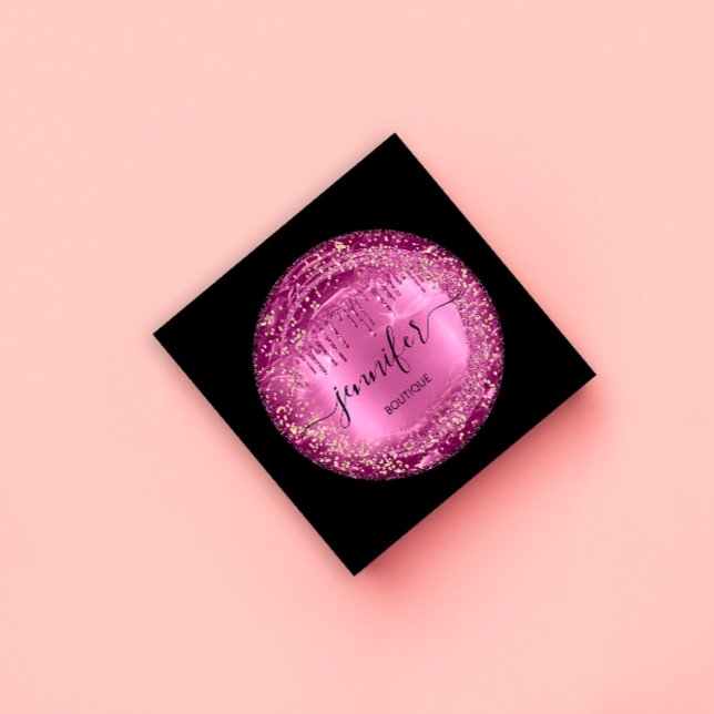Cartão De Visita Quadrado Compro Boutique profissional Glitter Colírio Colet (Professional Boutique Shop Glitter Pink Drips Blac Square Business Card)