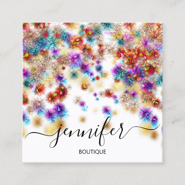 Cartão De Visita Quadrado Compro Boutique Profissional Glitter Confetti Spar (Frente)