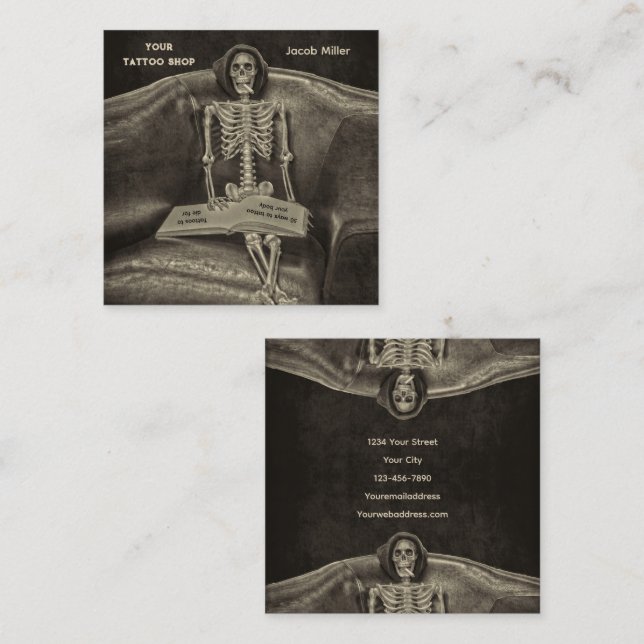 Cartão De Visita Quadrado Compro de Tatuagem do Esqueleto Sépia (Frente/Verso)