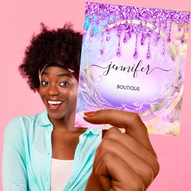 Cartão De Visita Quadrado Compro Floral QRCode Professional Drives Roxo (Floral QRCode Professional Shop Drips Purple Square Business Card)