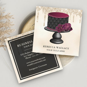 Cartão De Visita Quadrado Confeitaria de Bolo Tuftado Floral Borgonha com Pu
