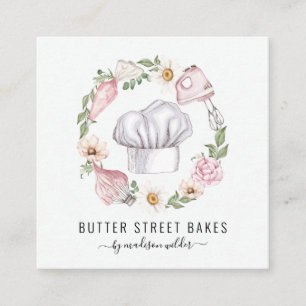 Cartão De Visita Quadrado Confeiteiro Chef de Pastelaria Aquarela Utensílios