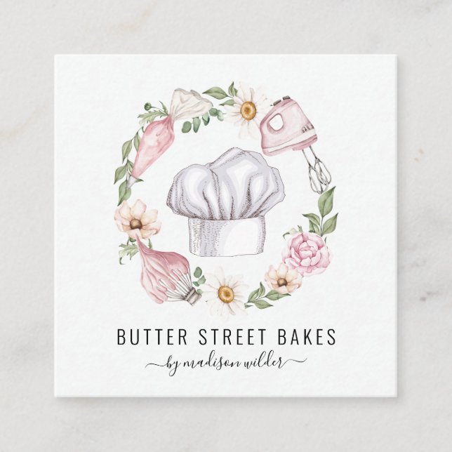 Cartão De Visita Quadrado Confeiteiro Chef de Pastelaria Aquarela Utensílios (Frente)