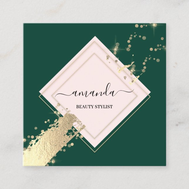 Cartão De Visita Quadrado Confetti Verde Dourado com quadro de Rosa profissi (Frente)