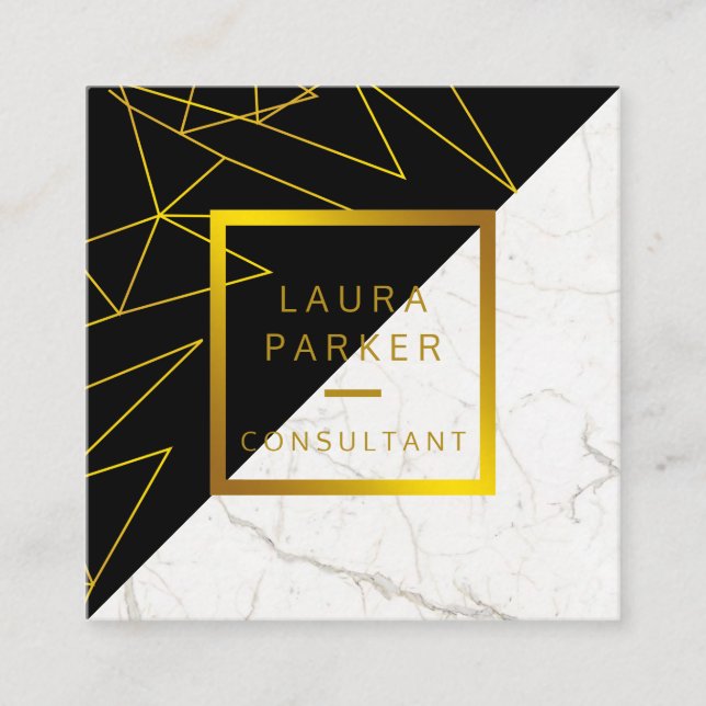 Cartão De Visita Quadrado Construção Dourada de Mármore Branco Preto (Frente)