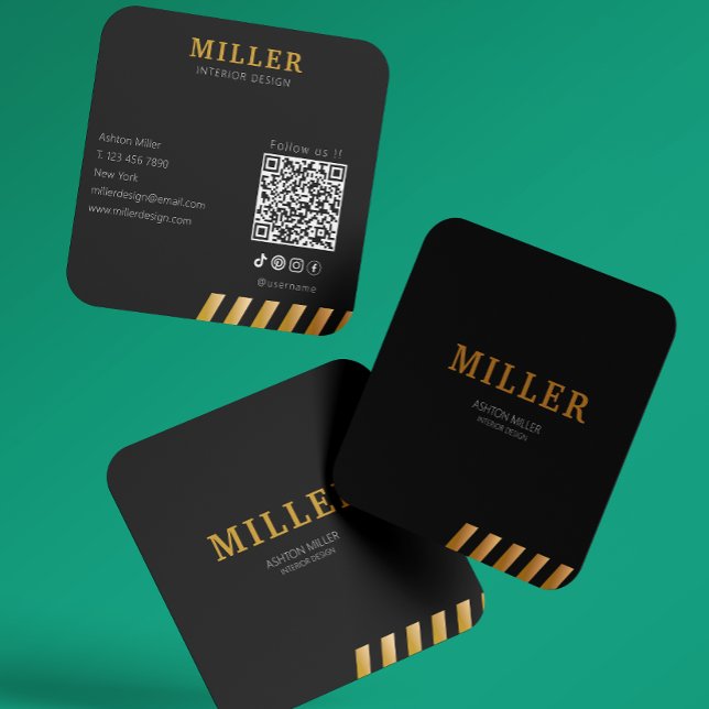 Cartão De Visita Quadrado Construtor de construção Código Qr Preto e Metálic (Building Constructor Qr Code Black & Metallic Gold Square Business Card)