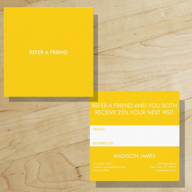 Cartão De Visita Quadrado Consulte um amigo | Ouro Brilhante Amarelo Mínimo ("Everyday is abundantly beautiful." 
Sincerely Best Wishes from Lucky Design World)