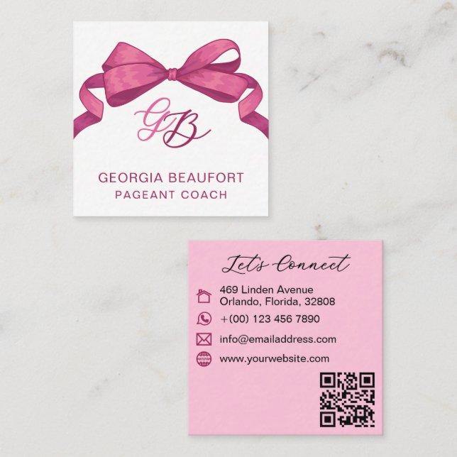 Cartão De Visita Quadrado Coquette Fuchsia Bow Monogram Beauty QR Code (Frente/Verso)